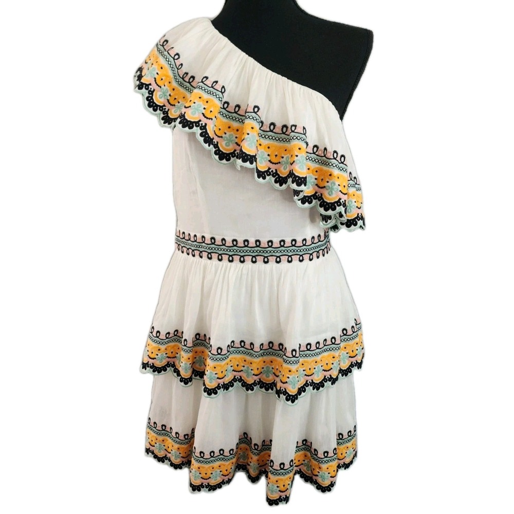 AMUR White Embroidered‎ One Shoulder Tiered Dress Sz 12 Boho Linen Silk Fiesta
